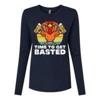 Turkey Time To Get Basted Retro Happy Thanksgiving Womens Cotton Relaxed Long Sleeve T-Shirt