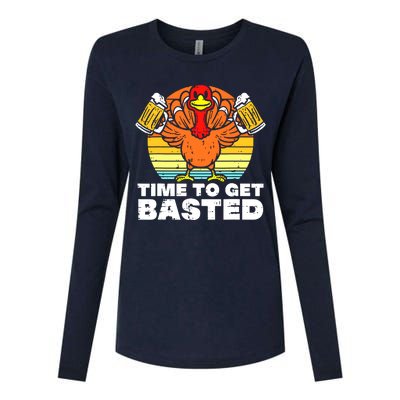 Turkey Time To Get Basted Retro Happy Thanksgiving Womens Cotton Relaxed Long Sleeve T-Shirt