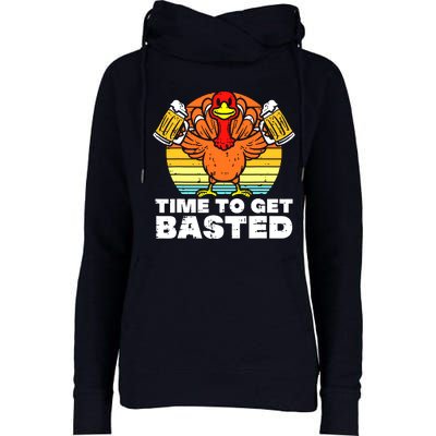 Turkey Time To Get Basted Retro Happy Thanksgiving Womens Funnel Neck Pullover Hood