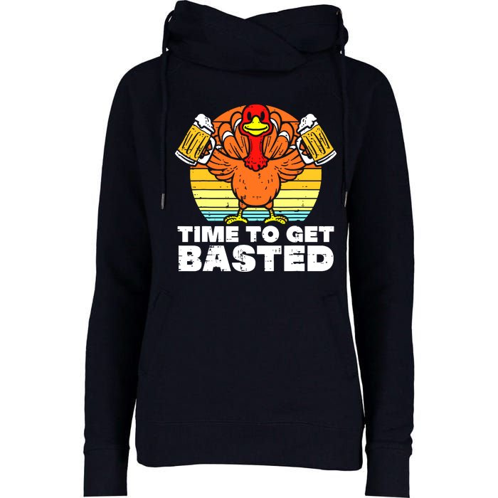 Turkey Time To Get Basted Retro Happy Thanksgiving Womens Funnel Neck Pullover Hood