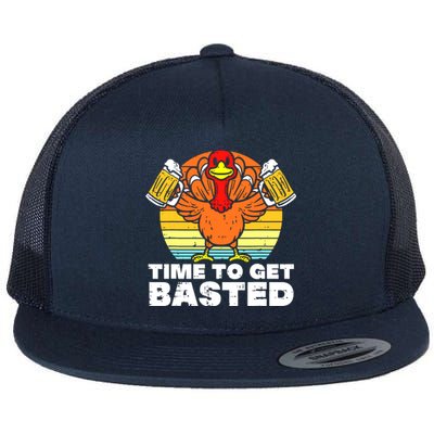 Turkey Time To Get Basted Retro Happy Thanksgiving Flat Bill Trucker Hat