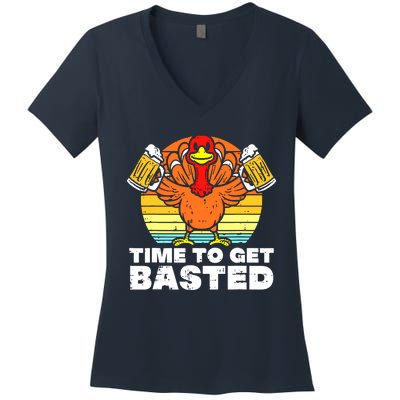 Turkey Time To Get Basted Retro Happy Thanksgiving Women's V-Neck T-Shirt