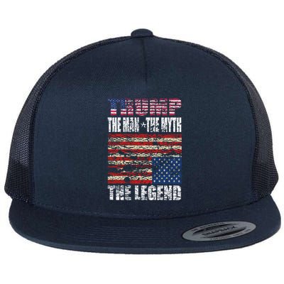 Trump The The Myth The Legend Distressed Usa Trump Flags Funny Gift Flat Bill Trucker Hat