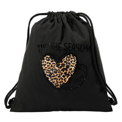 Tis To The Season Leopard Heart Football Season Game Day Drawstring Bag