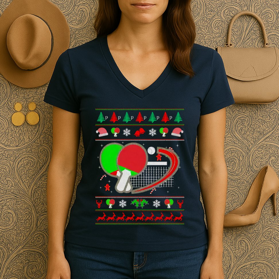 Table Tennis Ugly Christmas Women's V-Neck T-Shirt