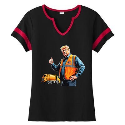 Trump Thumbs Up Garbage Truck Worker American Flag Vest Ladies Halftime Notch Neck Tee