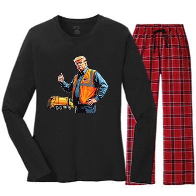 Trump Thumbs Up Garbage Truck Worker American Flag Vest Women's Long Sleeve Flannel Pajama Set 