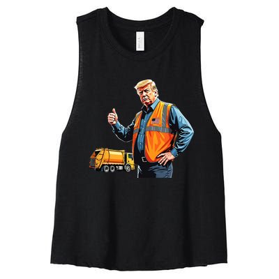 Trump Thumbs Up Garbage Truck Worker American Flag Vest Women's Racerback Cropped Tank