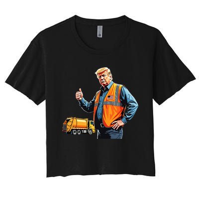 Trump Thumbs Up Garbage Truck Worker American Flag Vest Women's Crop Top Tee