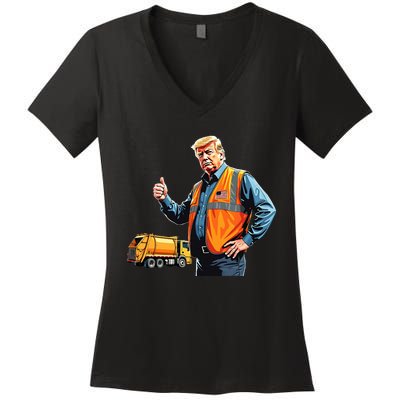 Trump Thumbs Up Garbage Truck Worker American Flag Vest Women's V-Neck T-Shirt