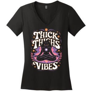 Thick Thighs Vibes Mediation Mystic Spirit Magic Energy Yoga Mystical Women Women's V-Neck T-Shirt