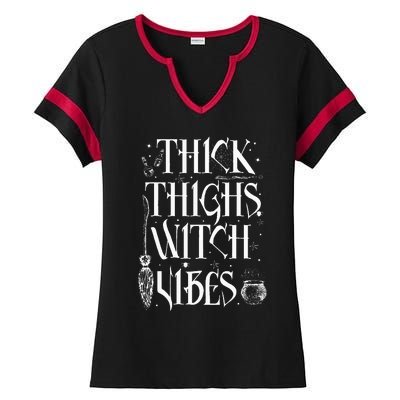 Thick Thighs Witch Vibes Funny Halloween Ladies Halftime Notch Neck Tee