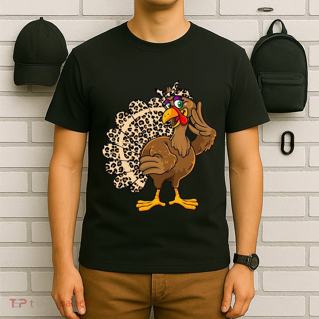 Thanksgiving Turkey Women Girl Leopard Print Autumn Fall T-Shirt
