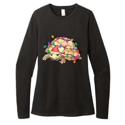 Turtle Tortoise Wearing Santa Hat Christmas Lights Graphic Animal Lover Womens CVC Long Sleeve Shirt