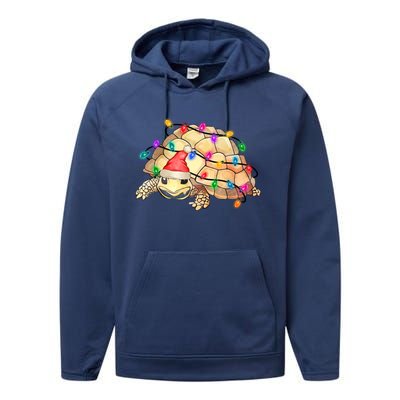 Turtle Tortoise Wearing Santa Hat Christmas Lights Graphic Animal Lover Performance Fleece Hoodie