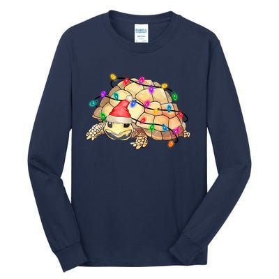 Turtle Tortoise Wearing Santa Hat Christmas Lights Graphic Animal Lover Tall Long Sleeve T-Shirt