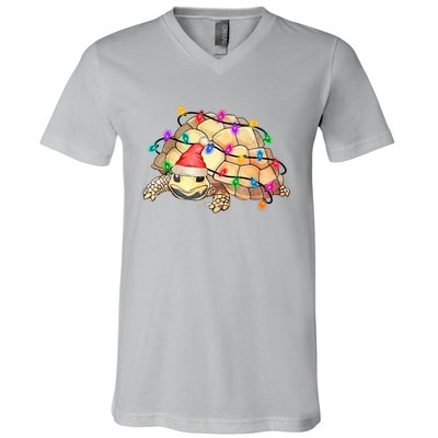 Turtle Tortoise Wearing Santa Hat Christmas Lights Graphic Animal Lover V-Neck T-Shirt