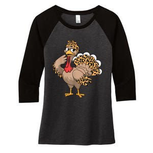 Thanksgiving Turkey Women Girl Leopard Autumn Fall Season Women's Tri-Blend 3/4-Sleeve Raglan Shirt