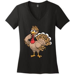 Thanksgiving Turkey Women Girl Leopard Autumn Fall Season Women's V-Neck T-Shirt