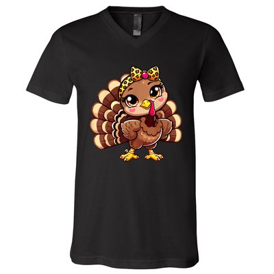 Thanksgiving Turkey Women Girl Leopard Autumn V-Neck T-Shirt