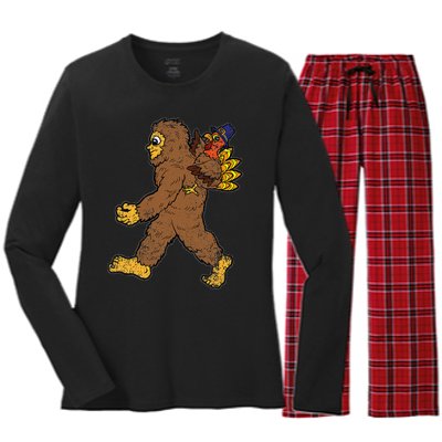 Turkey Trotting with Bigfoot Hilarious Thanksgiving Women's Long Sleeve Flannel Pajama Set 