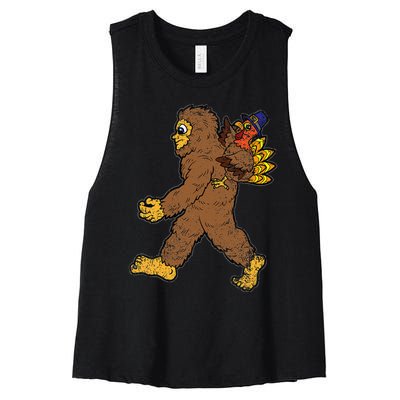 Turkey Trotting with Bigfoot Hilarious Thanksgiving Women's Racerback Cropped Tank