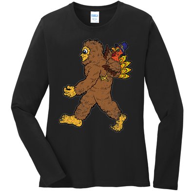 Turkey Trotting with Bigfoot Hilarious Thanksgiving Ladies Long Sleeve Shirt