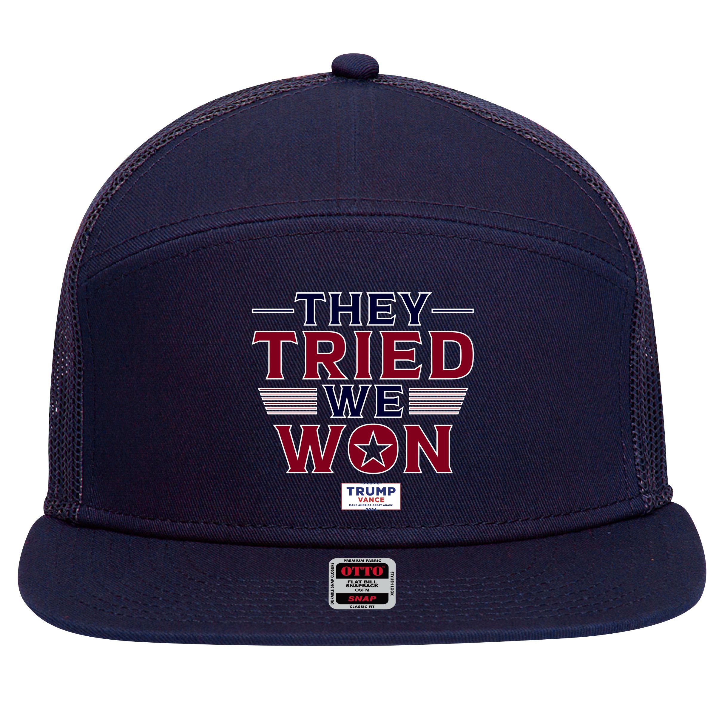 They Tried We Won Trump 2024 7 Panel Mesh Trucker Snapback Hat