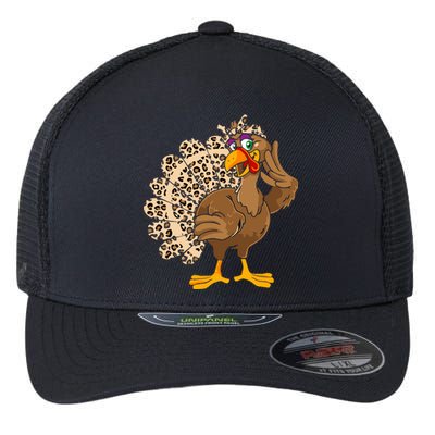 Thanksgiving Turkey Women Girl Leopard Print Autumn Fall Flexfit Unipanel Trucker Cap