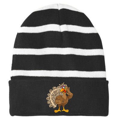 Thanksgiving Turkey Women Girl Leopard Print Autumn Fall Striped Beanie with Solid Band