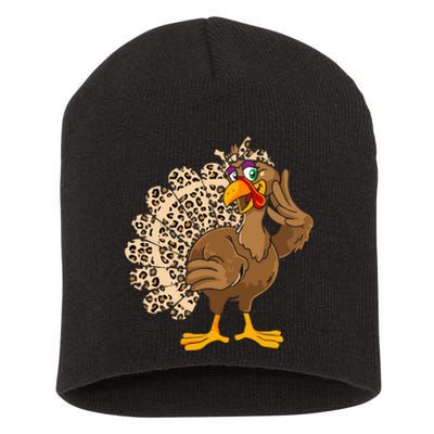 Thanksgiving Turkey Women Girl Leopard Print Autumn Fall Short Acrylic Beanie