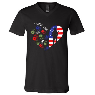 Thank Tee You Veterans Day American Flag Heart Military  V-Neck T-Shirt