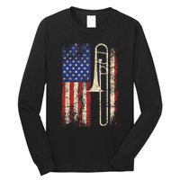 Trombone Usa American Flag Jazz Music Vintage Long Sleeve Shirt