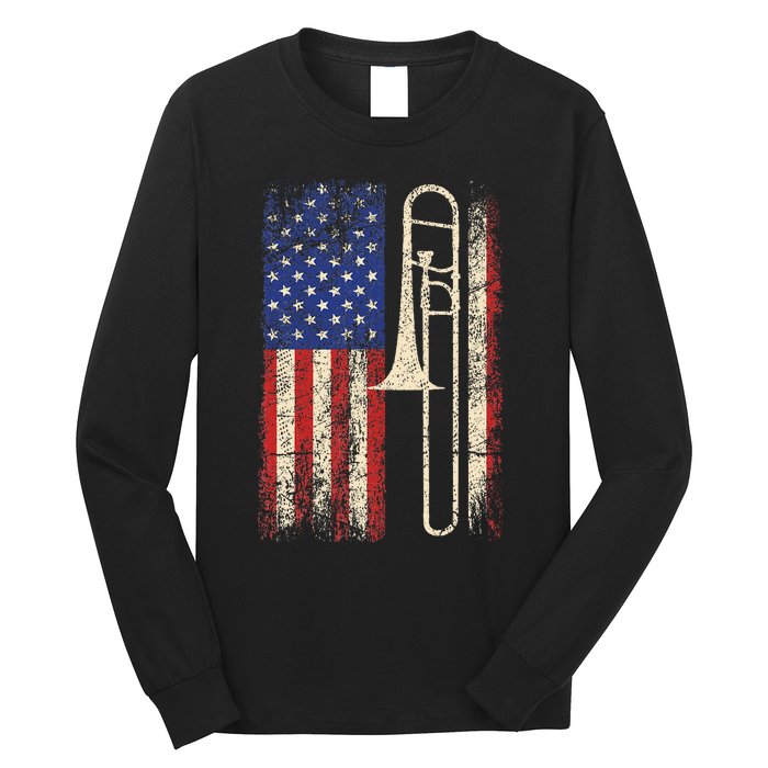 Trombone Usa American Flag Jazz Music Vintage Long Sleeve Shirt