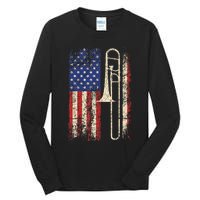 Trombone Usa American Flag Jazz Music Vintage Tall Long Sleeve T-Shirt