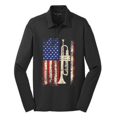 Trumpet Usa American Flag Jazz Music Vintage Silk Touch Performance Long Sleeve Polo