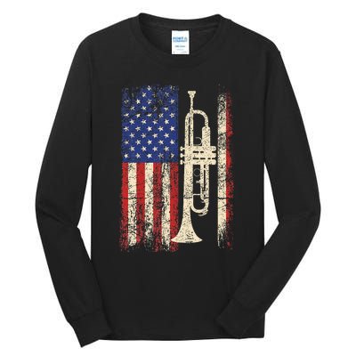 Trumpet Usa American Flag Jazz Music Vintage Tall Long Sleeve T-Shirt