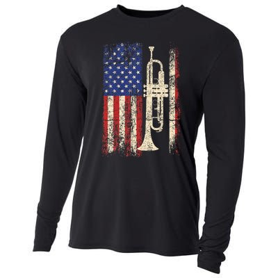 Trumpet Usa American Flag Jazz Music Vintage Cooling Performance Long Sleeve Crew