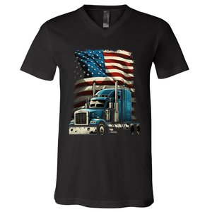 Trucker Us American Flag For Patriotic V-Neck T-Shirt