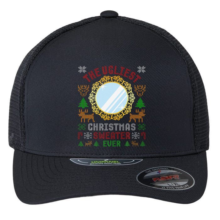 The Ugliest Christmas Sweater Ever With An Image Of A Mirror Flexfit Unipanel Trucker Cap