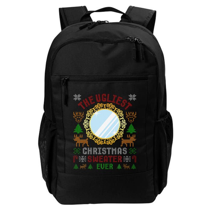 The Ugliest Christmas Sweater Ever With An Image Of A Mirror Backpack