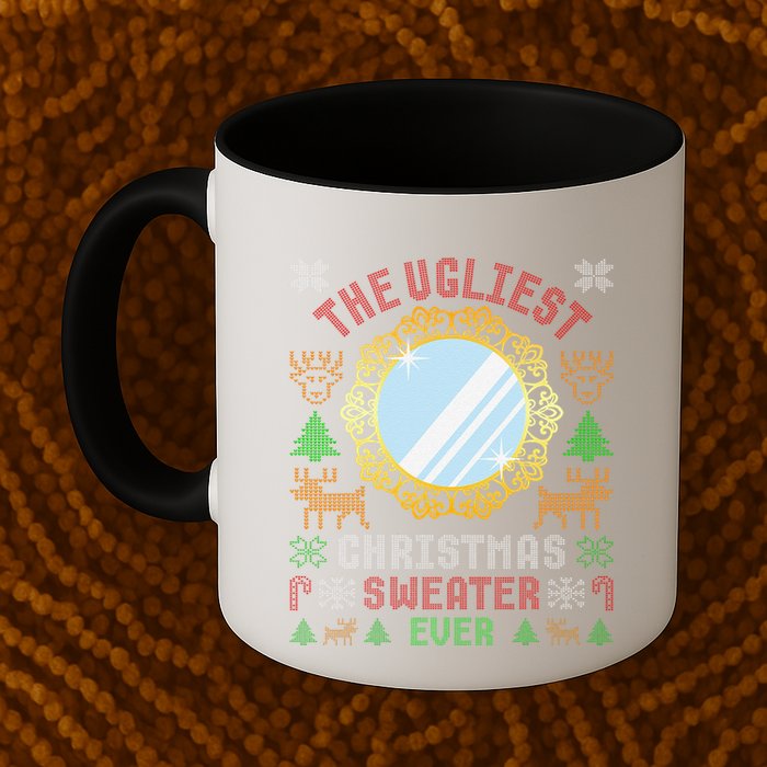 The Ugliest Christmas Sweater Ever With An Image Of A Mirror Mug