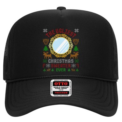 The Ugliest Christmas Sweater Ever With An Image Of A Mirror Trucker Hat