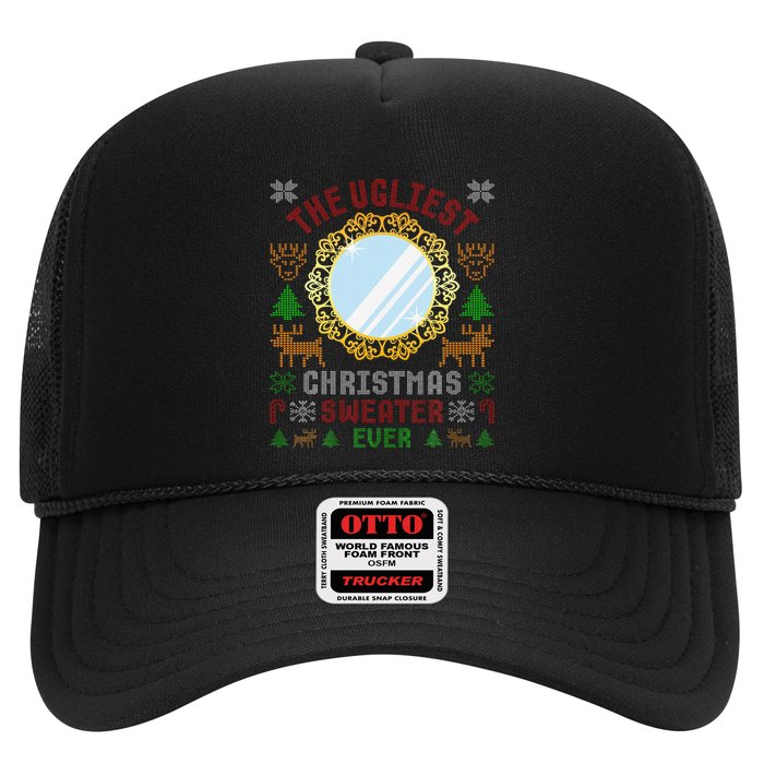 The Ugliest Christmas Sweater Ever With An Image Of A Mirror Trucker Hat