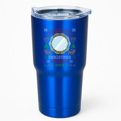The Ugliest Christmas Sweater Ever With An Image Of A Mirror Tumbler