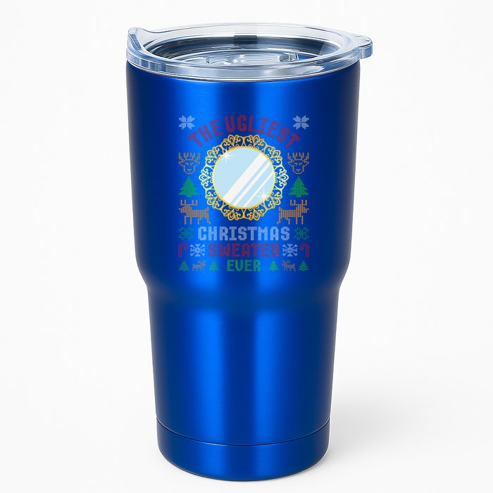 The Ugliest Christmas Sweater Ever With An Image Of A Mirror Tumbler