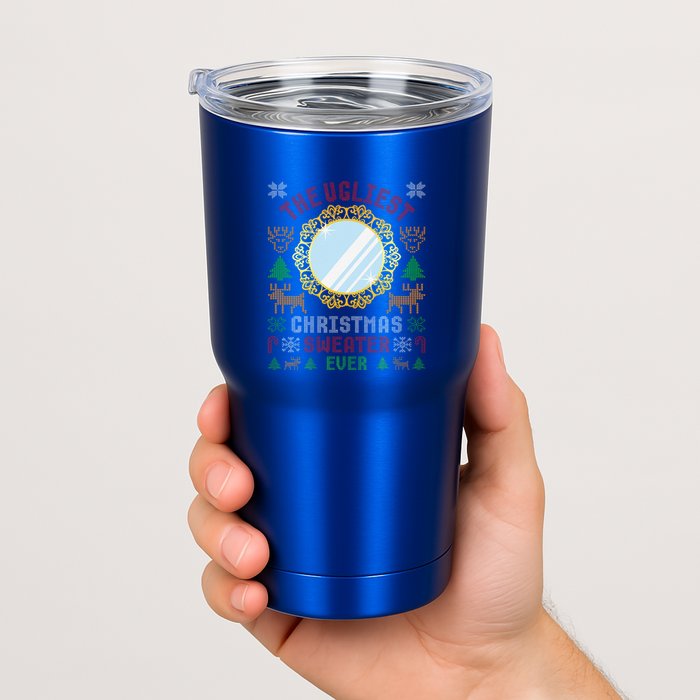 The Ugliest Christmas Sweater Ever With An Image Of A Mirror Tumbler