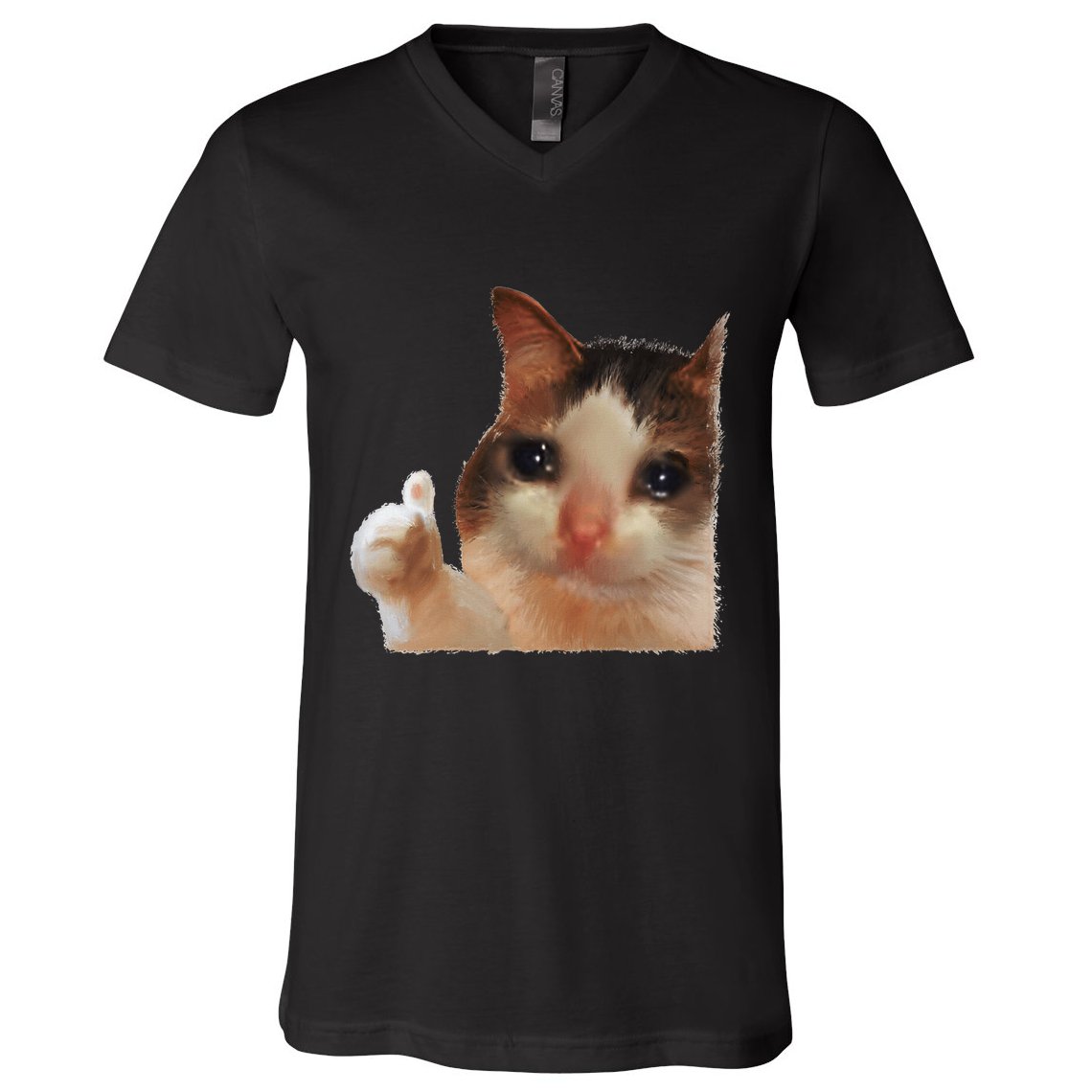 Thumbs Up Crying Cat Meme Cat Crying Thumps Up Memes Sad Cat V-Neck T-Shirt