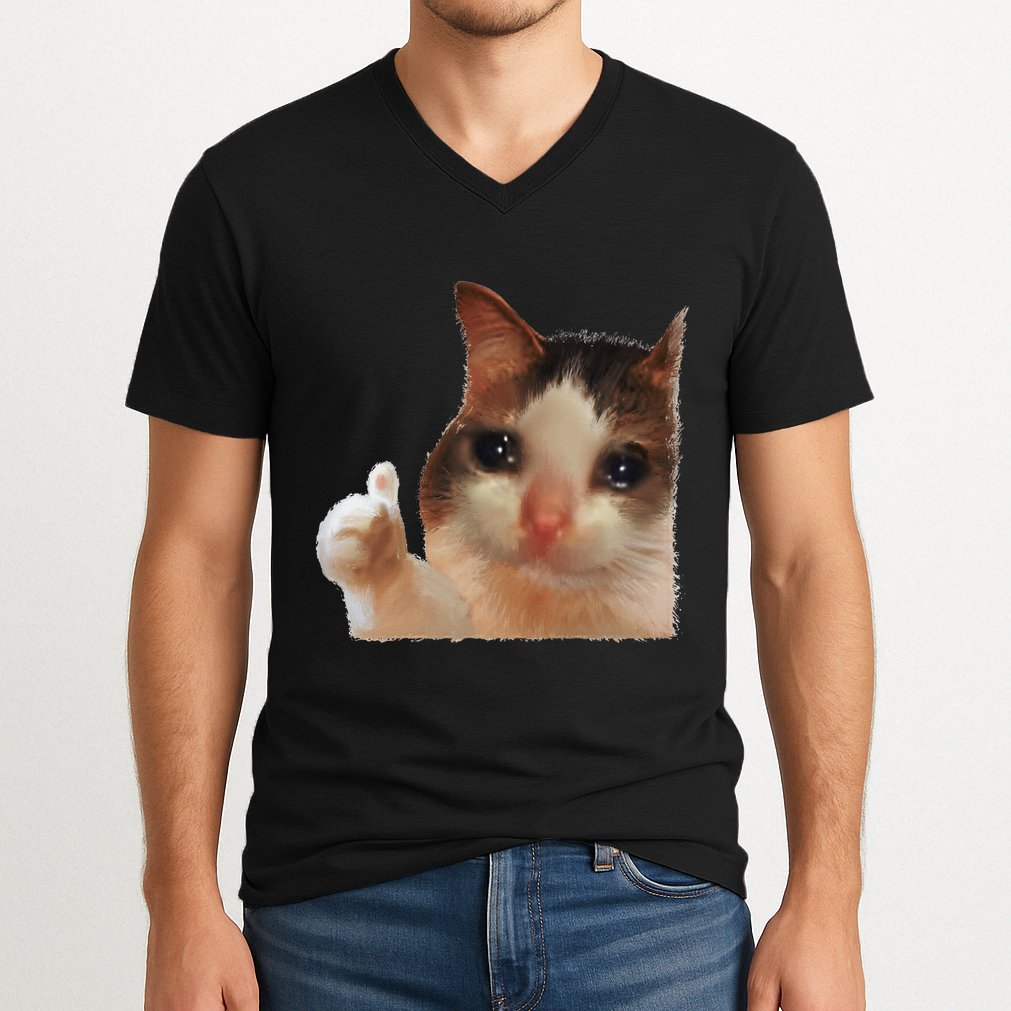 Thumbs Up Crying Cat Meme Cat Crying Thumps Up Memes Sad Cat V-Neck T-Shirt