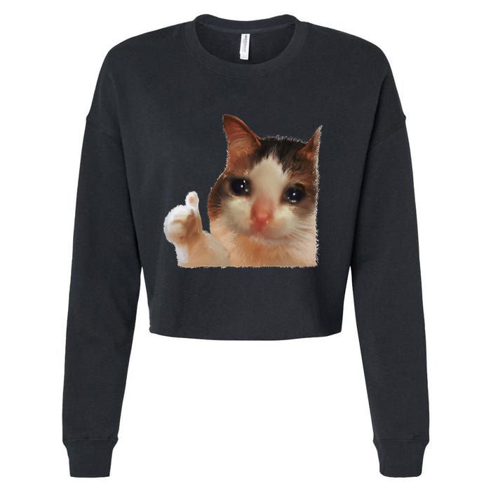 Thumbs Up Crying Cat Meme Cat Crying Thumps Up Memes Sad Cat Cropped Pullover Crew